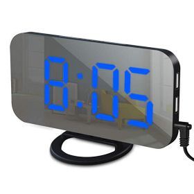Digital LED Alarm Clock Mirror 2 USB Charger Ports Night Light LED Table Clock Snooze Function Adjustable Brightness Desk Clocks (Color: Black-Blue, Ships From shipped and sold by buildcom: usa)